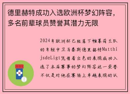 德里赫特成功入选欧洲杯梦幻阵容，多名前辈球员赞誉其潜力无限