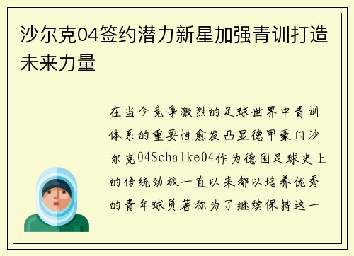 沙尔克04签约潜力新星加强青训打造未来力量